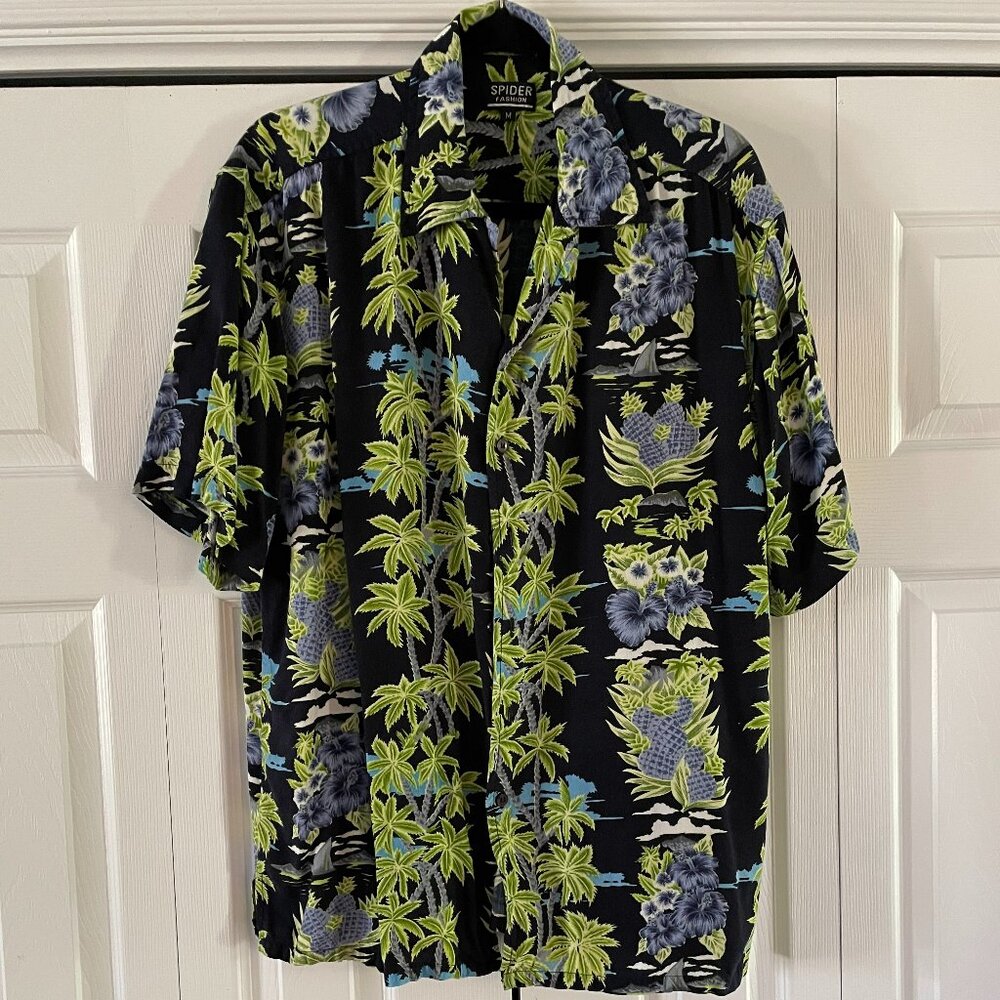 Vintage Men's Tropical Hawiian  Shirt Floral Buttons - Spider Fashion - Sz M
